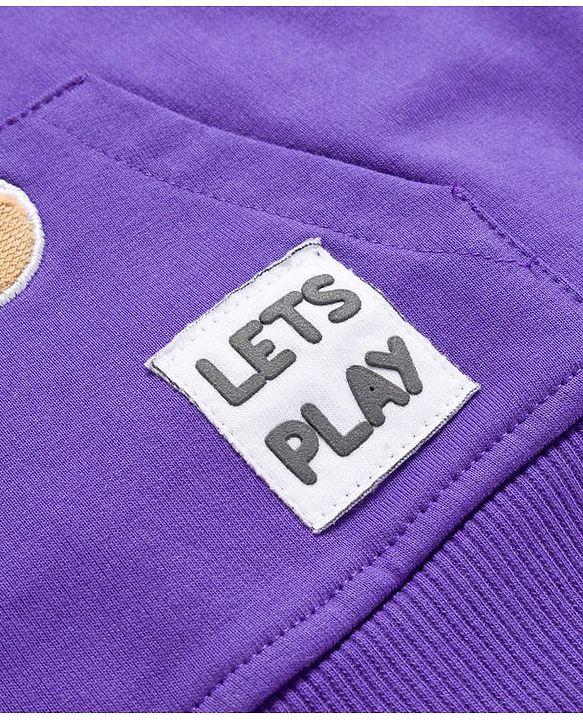 Babyhug Cotton Knit Full Raglan Sleeves Sweatshirt With Teddy Bear Patch & Kangaroo Pockets - Purple
