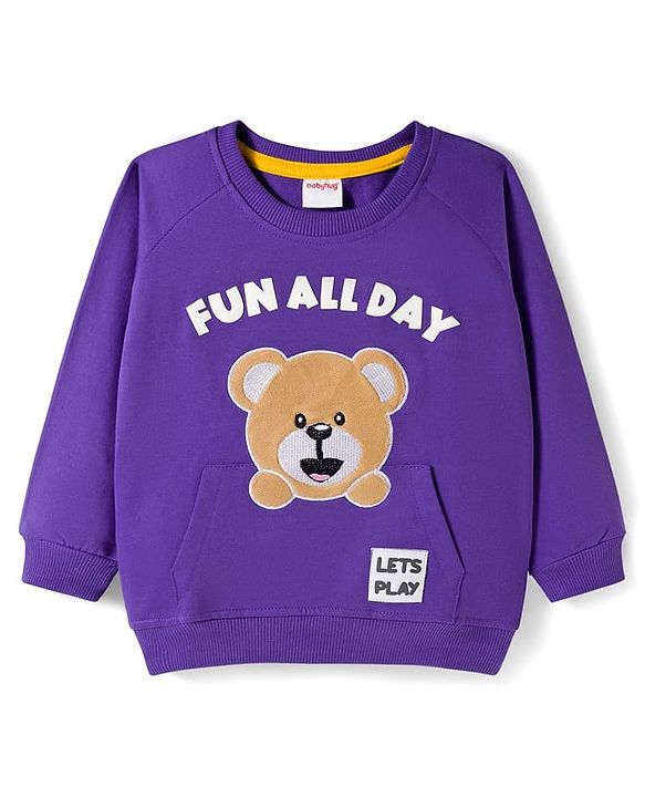 Babyhug Cotton Knit Full Raglan Sleeves Sweatshirt With Teddy Bear Patch & Kangaroo Pockets - Purple