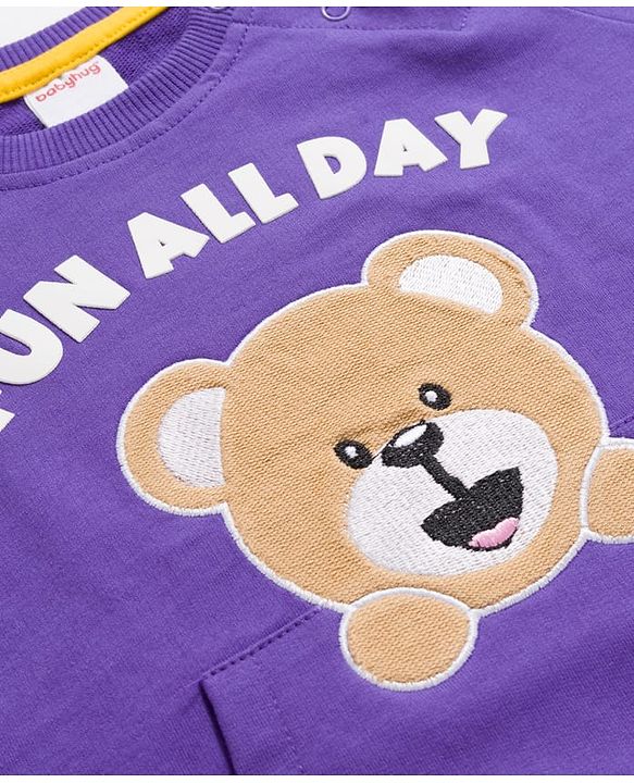 Babyhug Cotton Knit Full Raglan Sleeves Sweatshirt With Teddy Bear Patch & Kangaroo Pockets - Purple