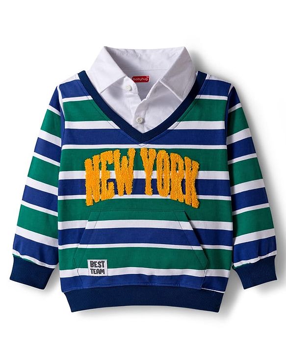Babyhug Cotton Knit Full Sleeves Striped Sweatshirt With New York Embroidery & Kangaroo Pockets - Multicolor