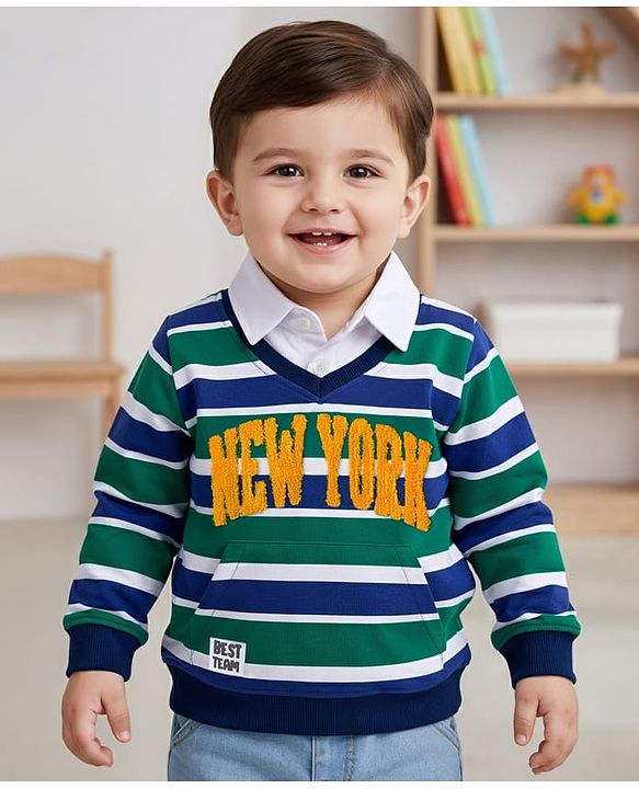 Babyhug Cotton Knit Full Sleeves Striped Sweatshirt With New York Embroidery & Kangaroo Pockets - Multicolor