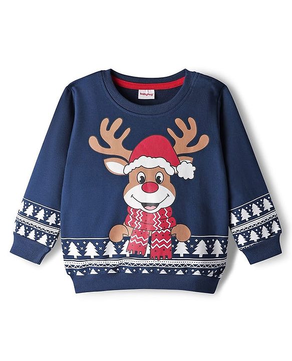 Babyhug Cotton Knit Full Sleeves Sweatshirt With Reindeer Print - Navy Blue