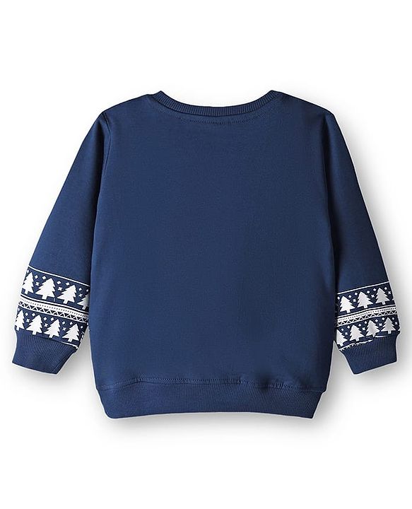 Babyhug Cotton Knit Full Sleeves Sweatshirt With Reindeer Print - Navy Blue