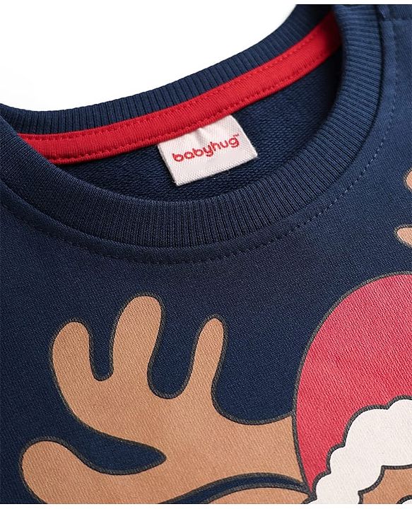Babyhug Cotton Knit Full Sleeves Sweatshirt With Reindeer Print - Navy Blue