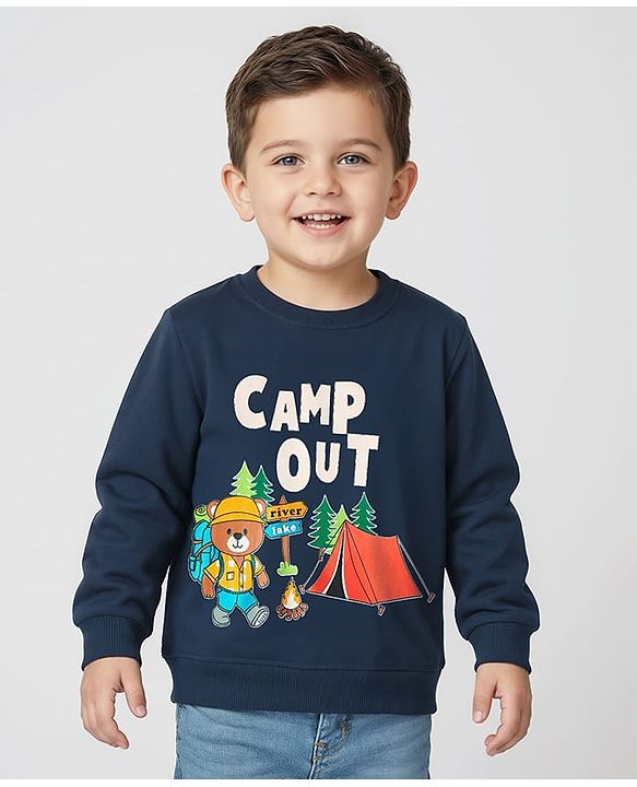 Babyhug Cotton Knit Full Sleeves Sweatshirt With Camping Graphics - Navy Blue