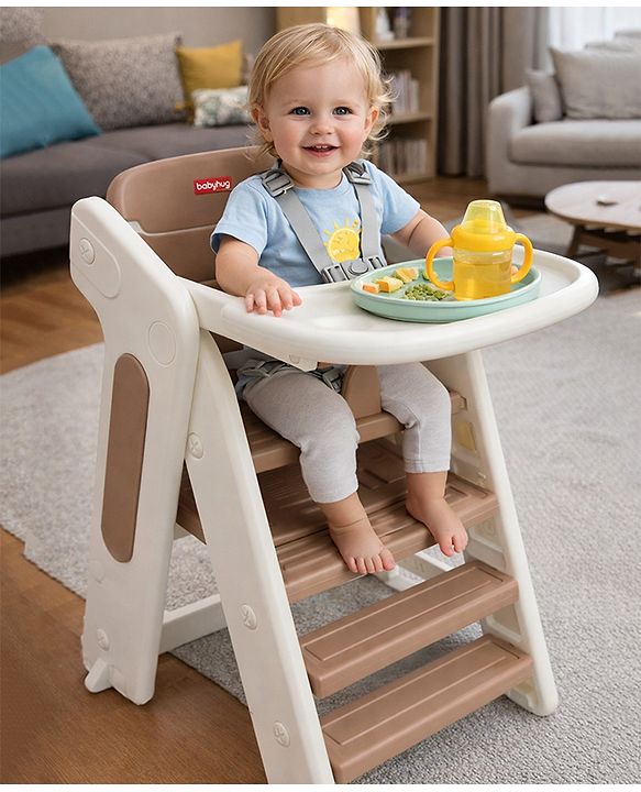 Babyhug Convertible High Chair and Foldable Standing Stool - Brown| Dining Chair| Adjustable Height| Removable Food Tray| Safety Fence| Step Stool| Tool Free Assembly