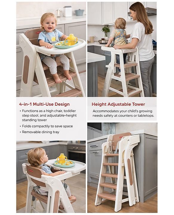 Babyhug Convertible High Chair and Foldable Standing Stool - Brown| Dining Chair| Adjustable Height| Removable Food Tray| Safety Fence| Step Stool| Tool Free Assembly