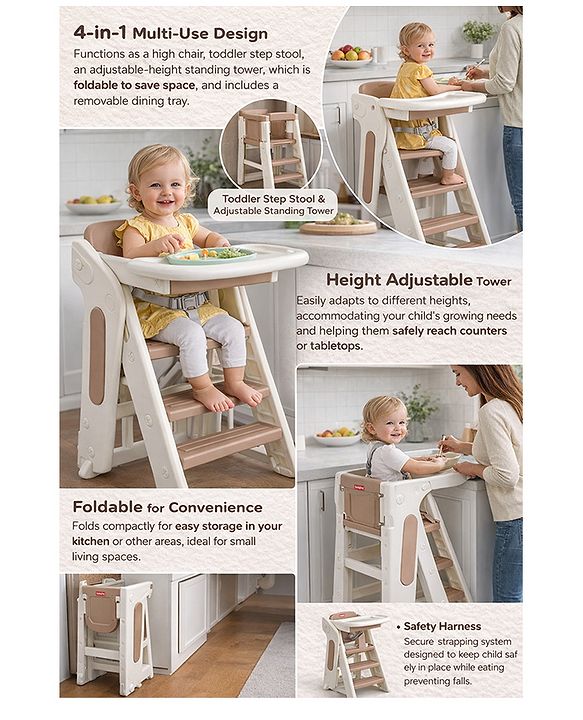 Babyhug Convertible High Chair and Foldable Standing Stool - Brown| Dining Chair| Adjustable Height| Removable Food Tray| Safety Fence| Step Stool| Tool Free Assembly