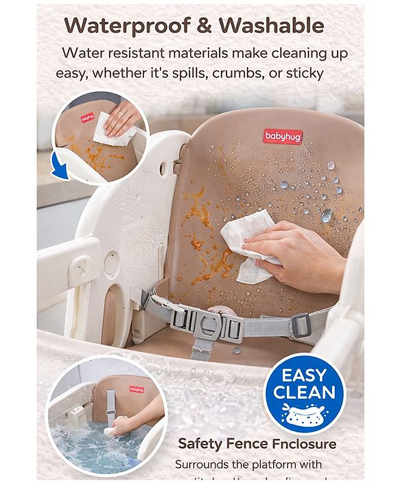 Babyhug Convertible High Chair and Foldable Standing Stool - Brown| Dining Chair| Adjustable Height| Removable Food Tray| Safety Fence| Step Stool| Tool Free Assembly