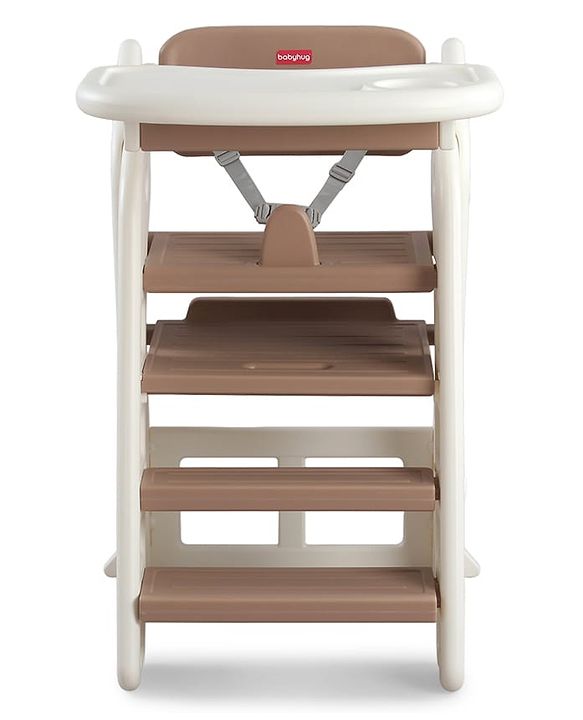 Babyhug Convertible High Chair and Foldable Standing Stool - Brown| Dining Chair| Adjustable Height| Removable Food Tray| Safety Fence| Step Stool| Tool Free Assembly