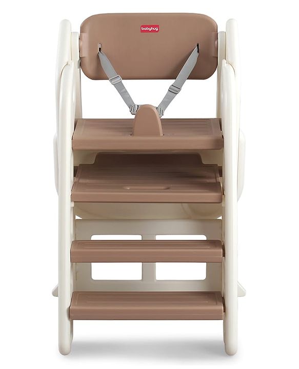 Babyhug Convertible High Chair and Foldable Standing Stool - Brown| Dining Chair| Adjustable Height| Removable Food Tray| Safety Fence| Step Stool| Tool Free Assembly