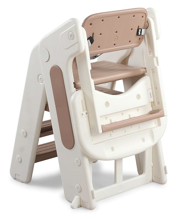 Babyhug Convertible High Chair and Foldable Standing Stool - Brown| Dining Chair| Adjustable Height| Removable Food Tray| Safety Fence| Step Stool| Tool Free Assembly