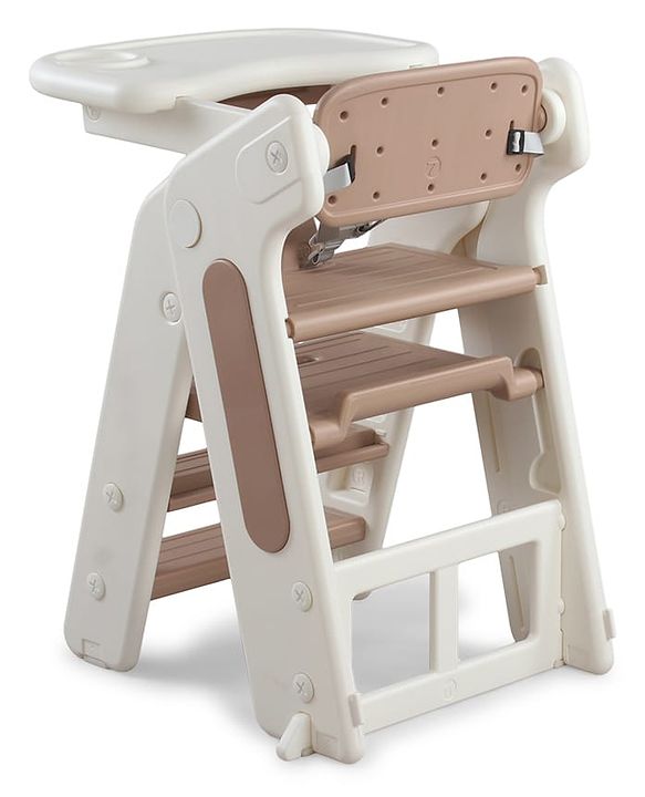 Babyhug Convertible High Chair and Foldable Standing Stool - Brown| Dining Chair| Adjustable Height| Removable Food Tray| Safety Fence| Step Stool| Tool Free Assembly