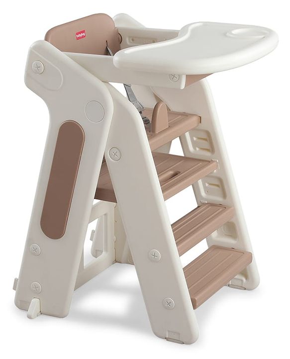 Babyhug Convertible High Chair and Foldable Standing Stool - Brown| Dining Chair| Adjustable Height| Removable Food Tray| Safety Fence| Step Stool| Tool Free Assembly