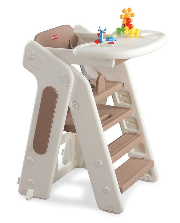 Babyhug Convertible High Chair and Foldable Standing Stool - Brown| Dining Chair| Adjustable Height| Removable Food Tray| Safety Fence| Step Stool| Tool Free Assembly