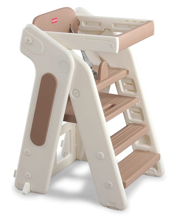 Babyhug Convertible High Chair and Foldable Standing Stool - Brown| Dining Chair| Adjustable Height| Removable Food Tray| Safety Fence| Step Stool| Tool Free Assembly