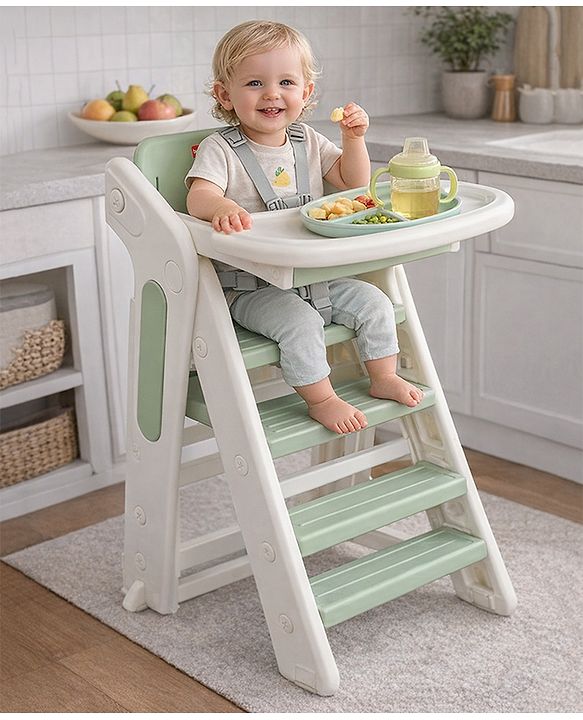 Babyhug Convertible High Chair and Foldable Standing Stool - Brown| Dining Chair| Adjustable Height| Removable Food Tray| Safety Fence| Step Stool| Tool Free Assembly