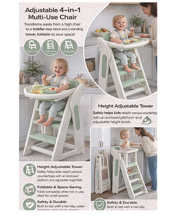 Babyhug Convertible High Chair and Foldable Standing Stool - Brown| Dining Chair| Adjustable Height| Removable Food Tray| Safety Fence| Step Stool| Tool Free Assembly