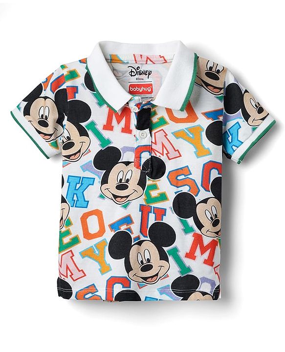 Babyhug Disney Single Jersey Knit Half Sleeves Polo T-Shirt & Woven Shorts Set With Mickey Mouse Graphics - White & Orange