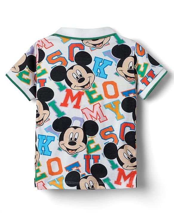 Babyhug Disney Single Jersey Knit Half Sleeves Polo T-Shirt & Woven Shorts Set With Mickey Mouse Graphics - White & Orange