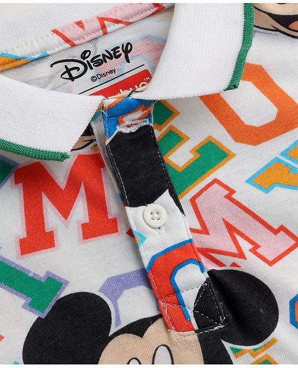 Babyhug Disney Single Jersey Knit Half Sleeves Polo T-Shirt & Woven Shorts Set With Mickey Mouse Graphics - White & Orange