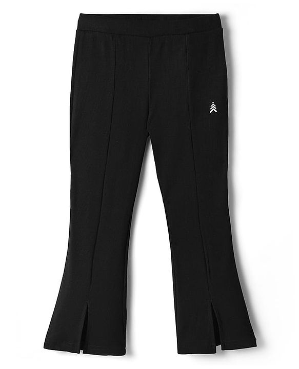 Pine Kids Cotton Knit Full Length Flared Leggings With Logo Print - Black