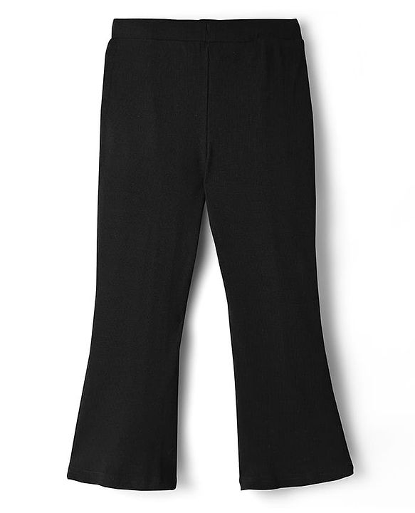 Pine Kids Cotton Knit Full Length Flared Leggings With Logo Print - Black