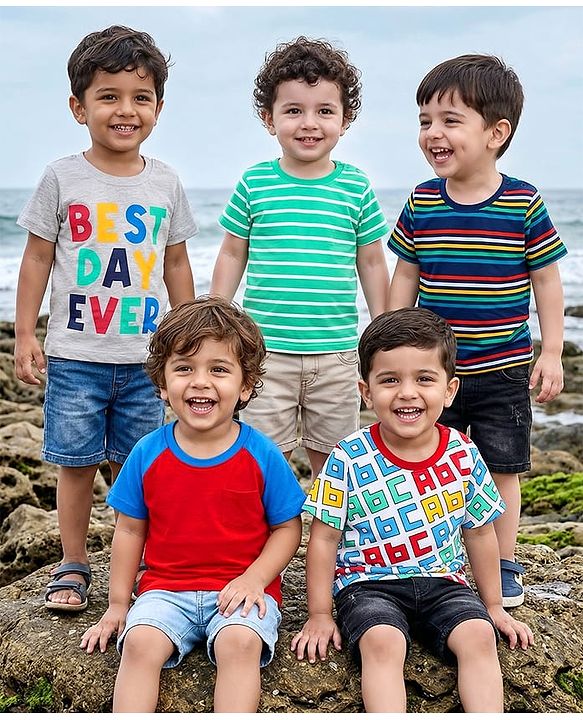 Babyhug 100% Cotton Knit Half Raglan Sleeves T-Shirts with Text Print & Stripes Pack of 5 - Multicolor
