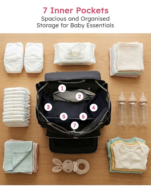 Babyhug SmartNest Multifunctional Diaper Backpack  Black| Water-Resistant| Spacious Compartments|  Ergonomic Shoulder Straps & Stylish Design for Parents