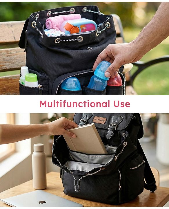 Babyhug SmartNest Multifunctional Diaper Backpack  Black| Water-Resistant| Spacious Compartments|  Ergonomic Shoulder Straps & Stylish Design for Parents