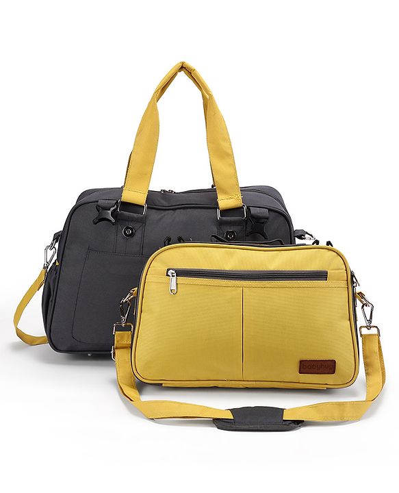 Babyhug Duet Diaper Bag with Diaper Changing Mat and Small Detachable Pouch - Grey Yellow| Set of 3 & Insulated Bottle Pouch|Water Resistant Fabric|Multi-carry Option| Durable Zipper| Easy to Maintain