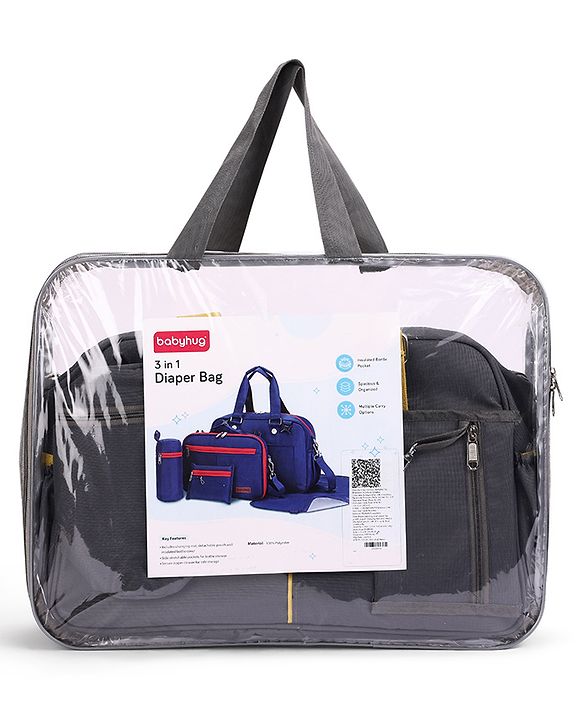 Babyhug Duet Diaper Bag with Diaper Changing Mat and Small Detachable Pouch - Grey Yellow| Set of 3 & Insulated Bottle Pouch|Water Resistant Fabric|Multi-carry Option| Durable Zipper| Easy to Maintain