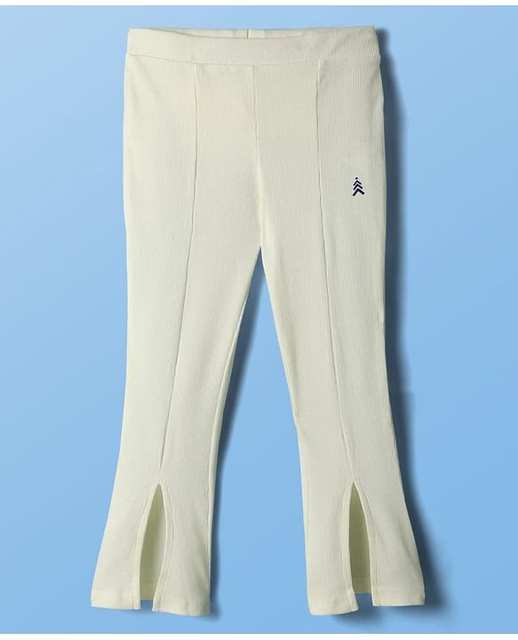 Pine Kids Cotton Knit Full Length Flared Leggings With Logo Print - Beige