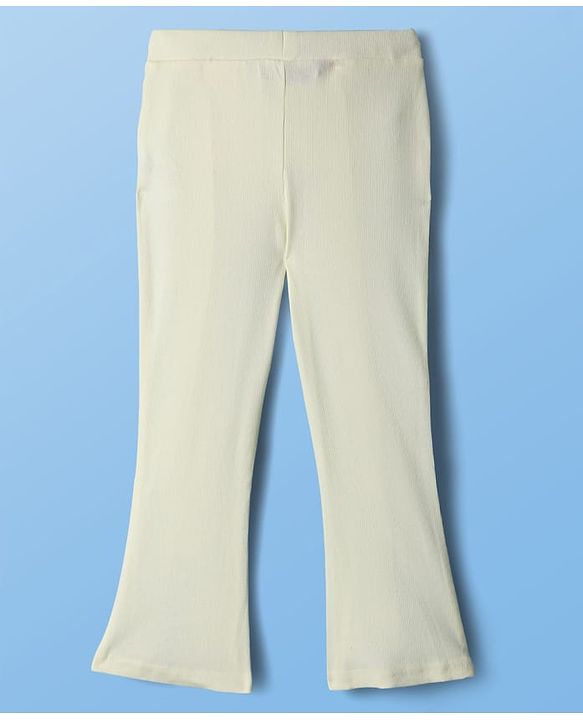 Pine Kids Cotton Knit Full Length Flared Leggings With Logo Print - Beige