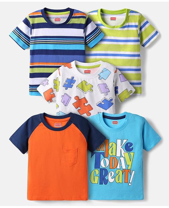 Babyhug 100% Cotton Knit Half Raglan Sleeves Striped T-Shirt with Text Print Pack of 5 - Multicolor