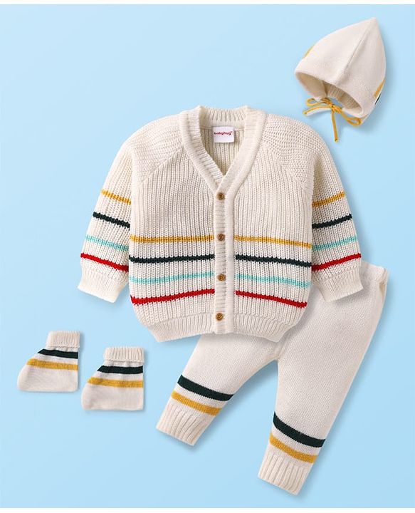 Babyhug Knit Full Sleeves Striped Sweater Set with Cap & Mittens - Off White
