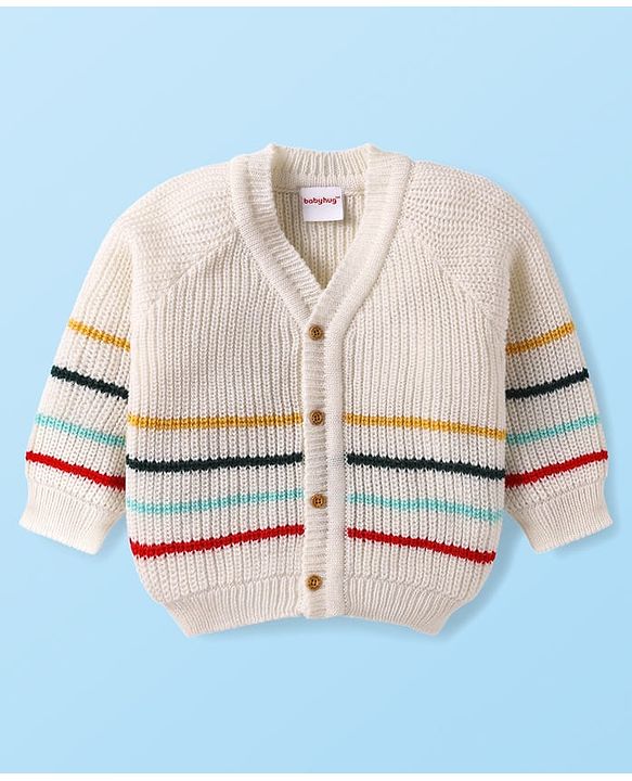 Babyhug Knit Full Sleeves Striped Sweater Set with Cap & Mittens - Off White