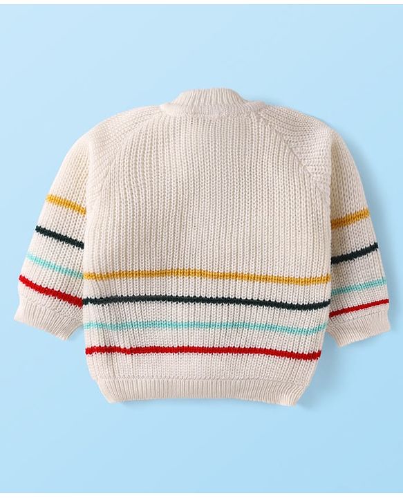 Babyhug Knit Full Sleeves Striped Sweater Set with Cap & Mittens - Off White