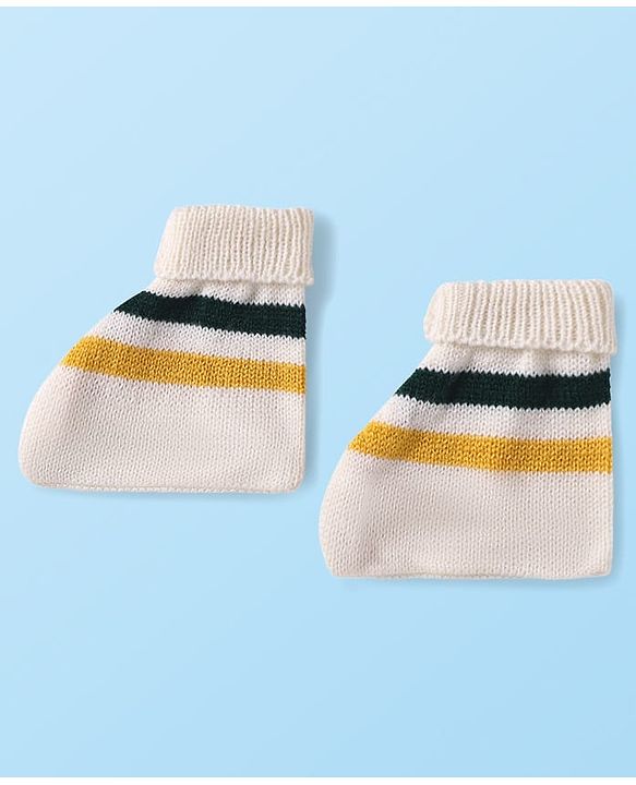 Babyhug Knit Full Sleeves Striped Sweater Set with Cap & Mittens - Off White