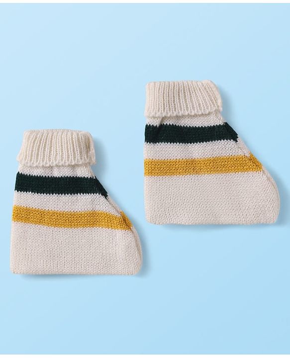 Babyhug Knit Full Sleeves Striped Sweater Set with Cap & Mittens - Off White