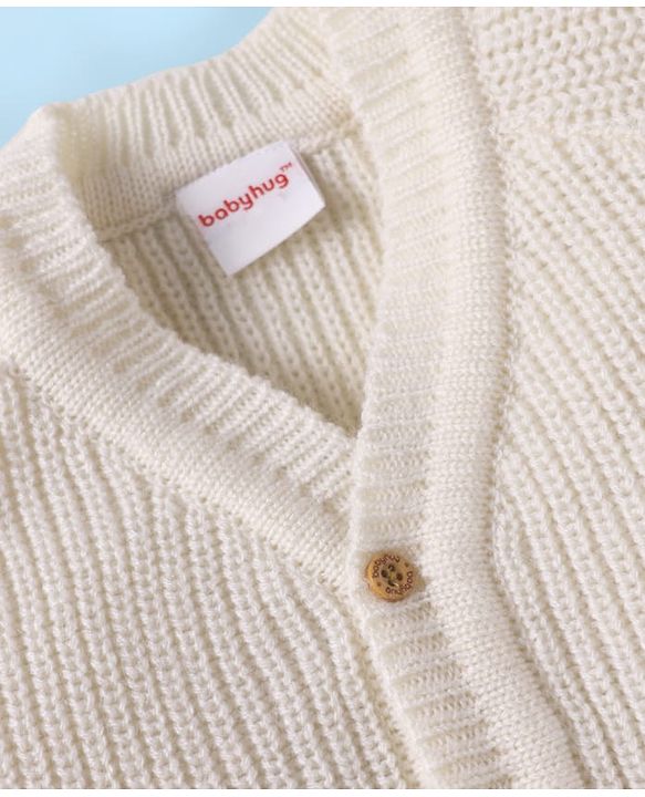 Babyhug Knit Full Sleeves Striped Sweater Set with Cap & Mittens - Off White