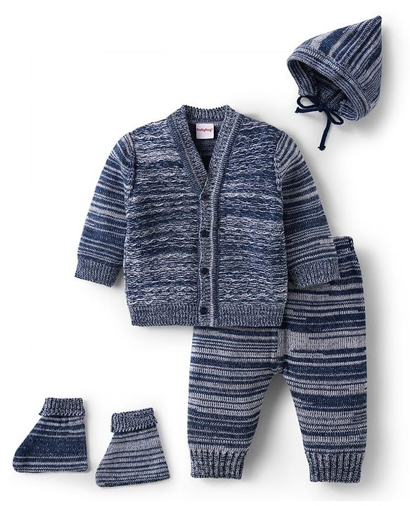 Babyhug Knit Full Sleeves Striped Sweater Set with Cap & Mittens - Navy Blue
