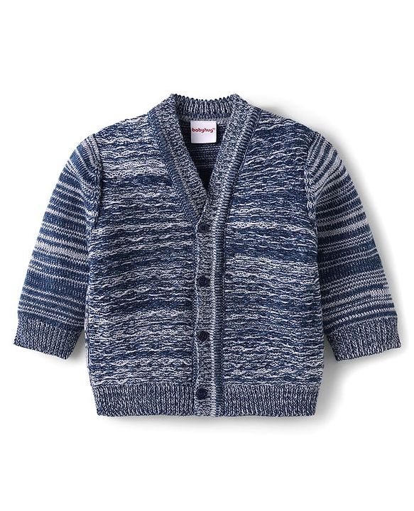 Babyhug Knit Full Sleeves Striped Sweater Set with Cap & Mittens - Navy Blue