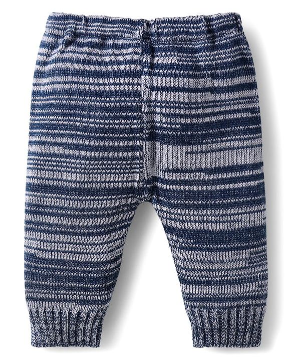 Babyhug Knit Full Sleeves Striped Sweater Set with Cap & Mittens - Navy Blue