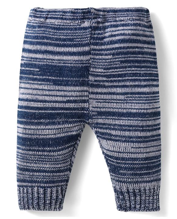 Babyhug Knit Full Sleeves Striped Sweater Set with Cap & Mittens - Navy Blue