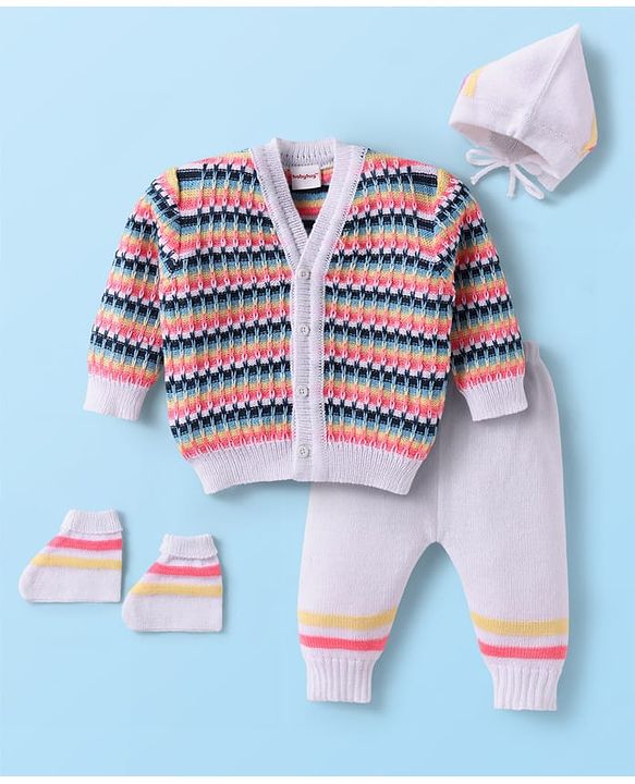 Babyhug Knit Full Sleeves Striped Front Open Sweater Set With Cap & Mittens - Multicolour