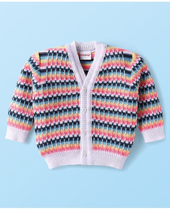 Babyhug Knit Full Sleeves Striped Front Open Sweater Set With Cap & Mittens - Multicolour