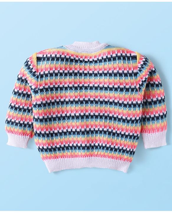 Babyhug Knit Full Sleeves Striped Front Open Sweater Set With Cap & Mittens - Multicolour
