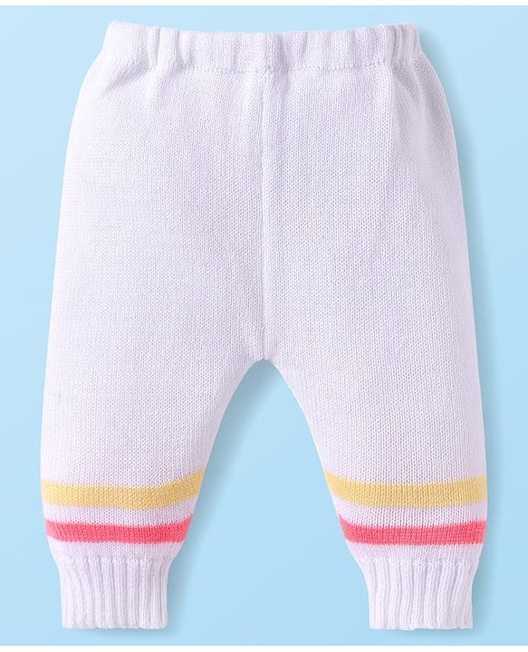 Babyhug Knit Full Sleeves Striped Front Open Sweater Set With Cap & Mittens - Multicolour