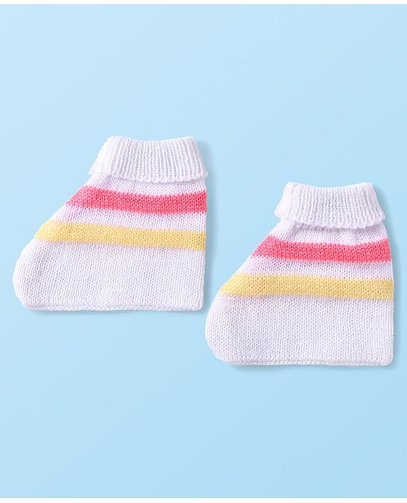 Babyhug Knit Full Sleeves Striped Front Open Sweater Set With Cap & Mittens - Multicolour